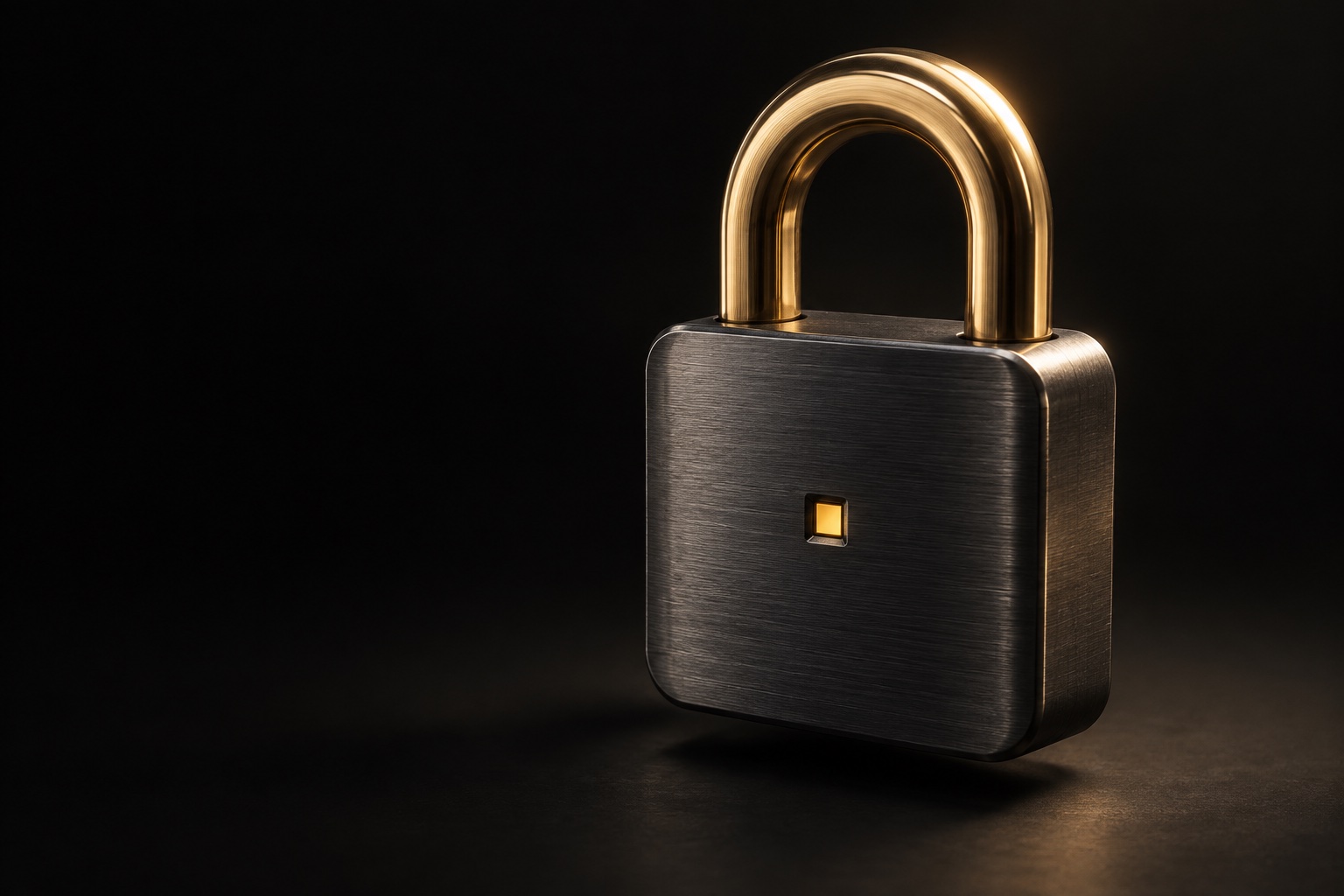 A graphite and brass padlock on a dark surface