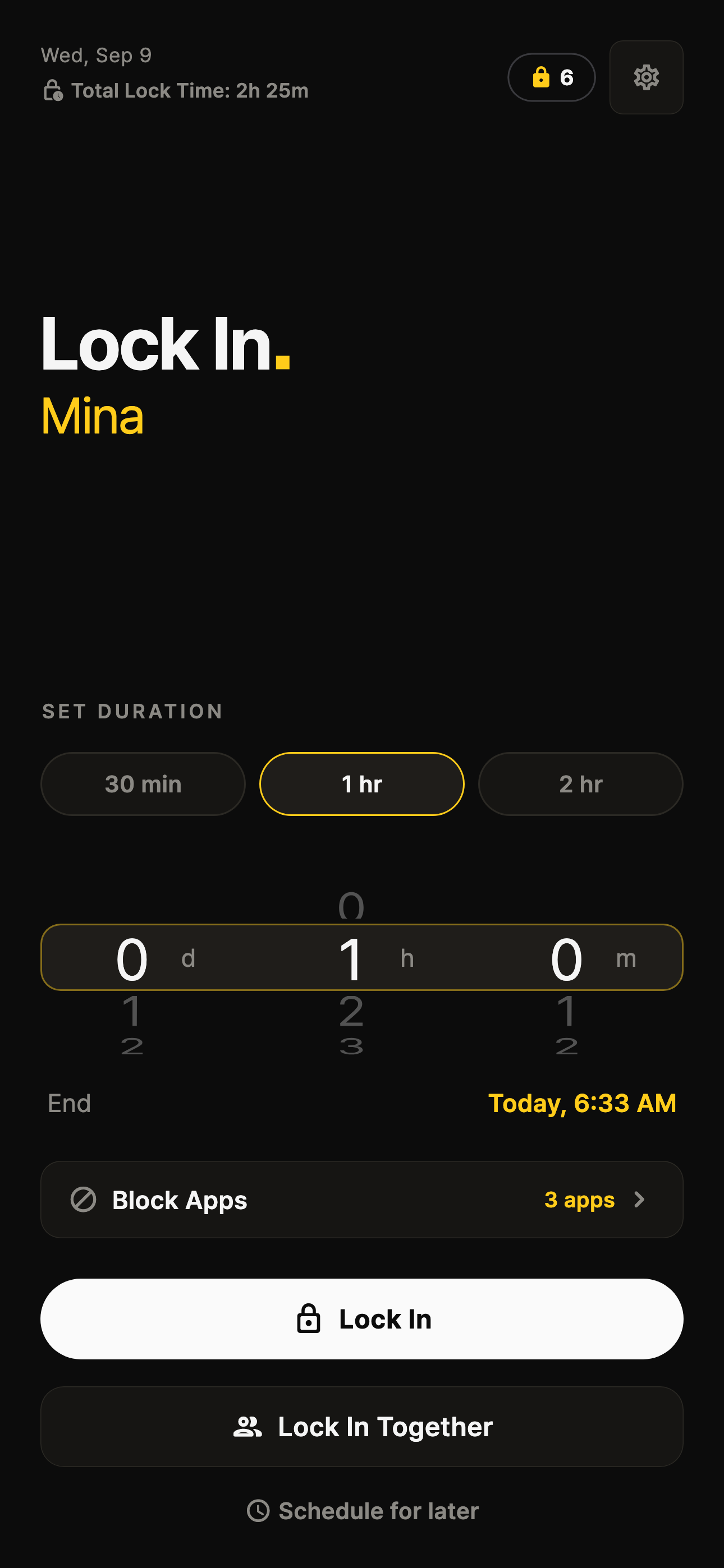 Lock In Together setup screen with a 60-minute timer and three example apps selected